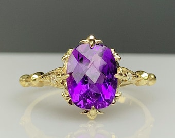 Stylish Art Deco Filigree Band Ring, Dainty Graduation Gift for Her, 8K or 14K Solid Gold, February Birthstone, Certificated Purple Amethyst