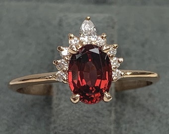 Certificated Rhodolite Red Garnet & Diamond Dainty Engagement Ring, 8K 14K Solid Gold, Genuine Gemstone, Cluster Ring Best Gift Idea for her