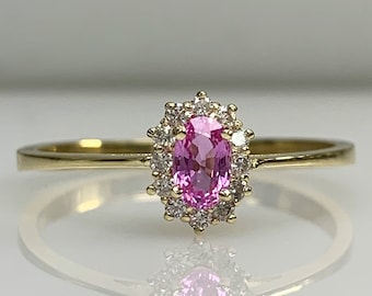 Certified PinkSapphire & Diamond Dainty Vintage Engagement Ring, Halo Flower Cluster 14K Solid Gold September Genuine Gemstone Best Gift 5x3