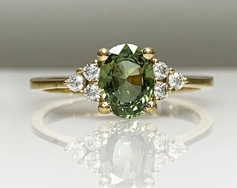 Certified Green Sapphire Engagement Ring, Dainty Cluster Diamond Ring in Solid Gold, Classic Women’s Jewelry Gift Idea, September Birthstone