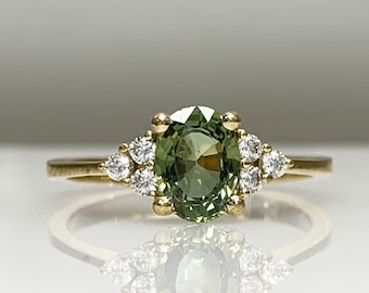 Certified Green Sapphire Engagement Ring, Dainty Cluster Diamond Ring in Gold or Silver, Classic Women’s Jewelry Gift, September Birthstone