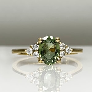 Certified Green Sapphire Engagement Ring, Dainty Cluster Diamond Ring in Gold or Silver, Classic Women’s Jewelry Gift, September Birthstone