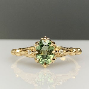 SriLanka Green Sapphire Ring w/ Genuine Diamond, Filigree Solid Gold Engagement Ring, Best Birthday Gift Idea, Art Deco Handmade Jewelry 109