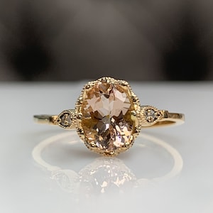 Art Deco Morganite Dainty Promise Ring w/ Filigree Tiny Diamond Band, 14K Solid Gold Vintage Bridal Jewelry, Oval Cut Certified Gemstone 117