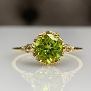 Stylish Art Deco Peridot Engagement Ring, Dainty Vintage Filigree Ring, Round Genuine August Birthstone, Tiny Diamond, 14K 8K Solid Gold §