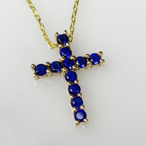 Genuine Blue Sapphire Cross Necklace, Christian Jewelry Solid Gold or Silver, Dainty Birthstone Pendant, Best Christmas Gift Idea for Women