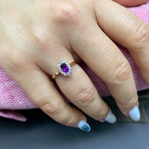 Classic Amethyst Engagement Ring with Halo Genuine Diamond, Flower Vintage Cluster Jewelry, 14K 8K Solid Gold, Best February Gift Idea 144