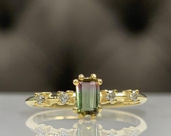 Certified Watermelon Tourmaline Engagement Ring w/ Diamonds on Band, Bicolor Woman Jewelry, Solid Gold Cluster Ring, Best Birthday Gift Idea