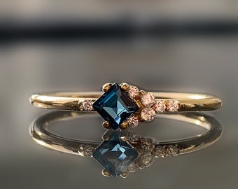 Certificated Princess Cut London Blue Topaz Diamond Cluster Engagement Ring, 14K Solid Gold, Natural Gemstone, Best Gift for Her, Handmade