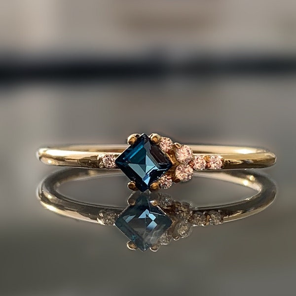 Certificated Princess Cut London Blue Topaz Diamond Cluster Engagement Ring, 14K Solid Gold, Natural Gemstone, Best Gift for Her, Handmade