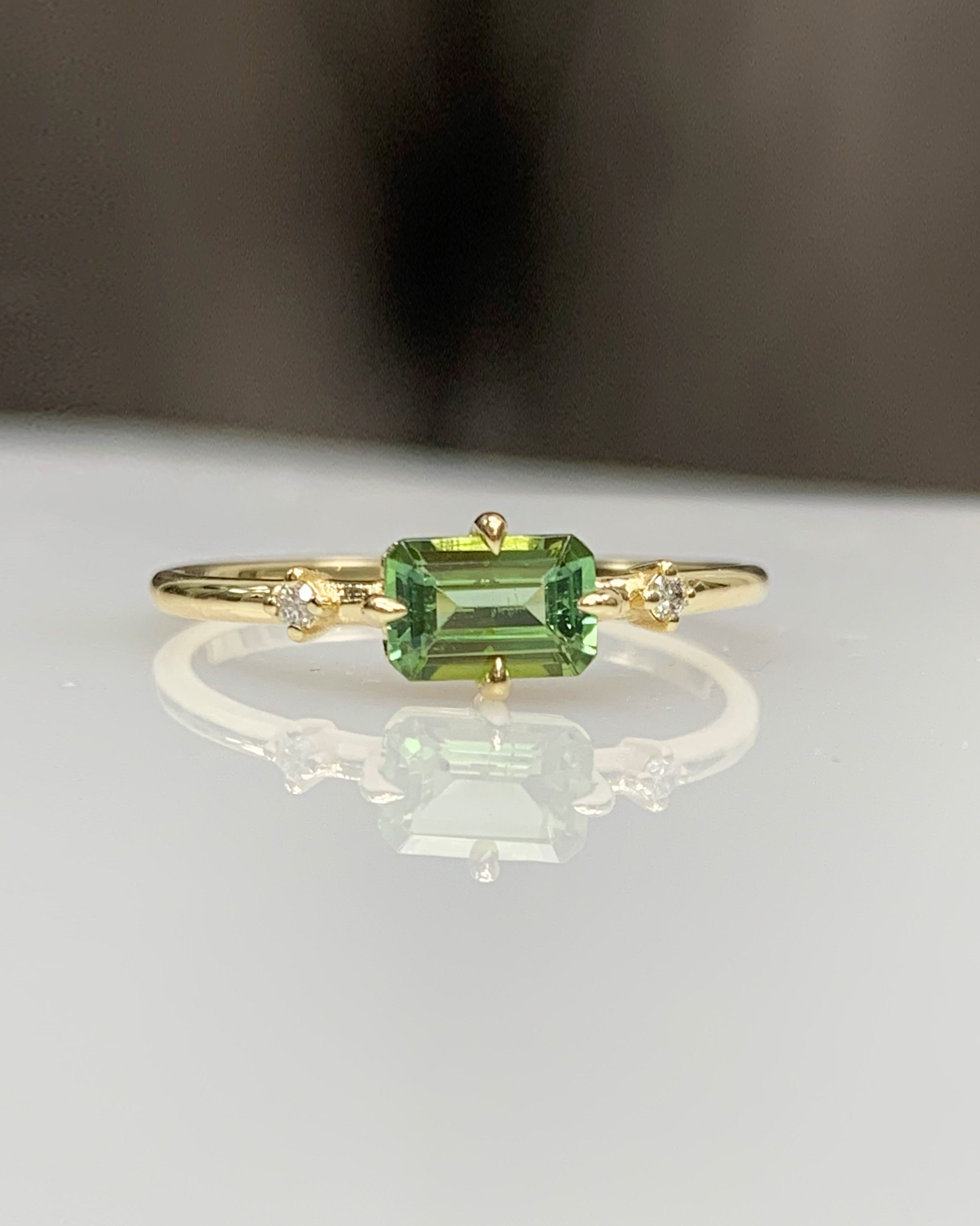 Certificated Green Tourmaline Diamond Dainty Ring Emerald Cut | Etsy