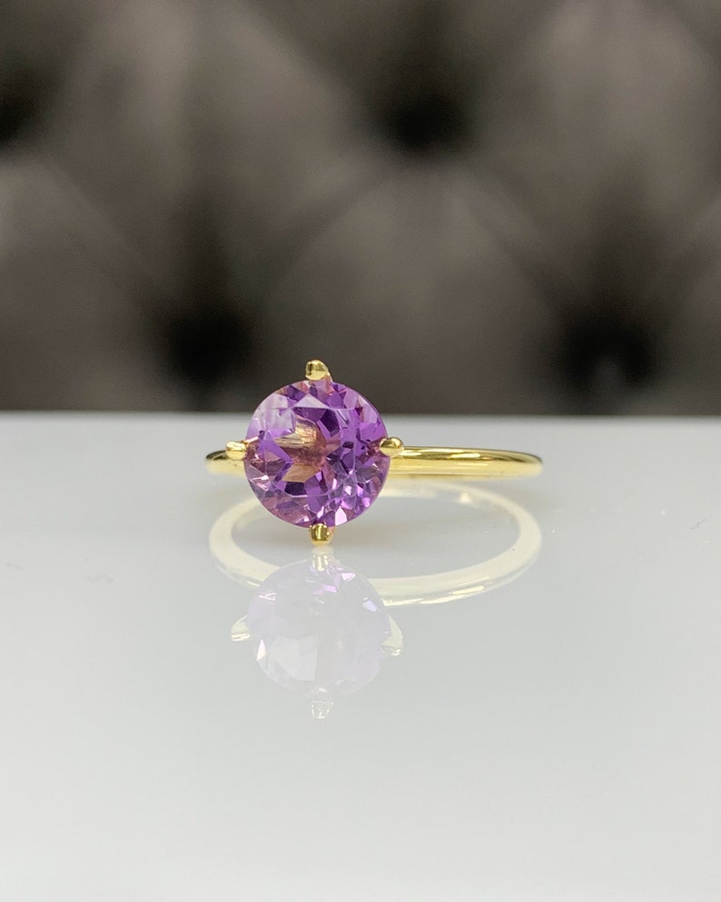 February Birthstone Round Cut in 14K Gold 8mm Amethyst Dainty Solitaire Ring Best Gift for Her Handmade Ring Genuine Purple Gemstone