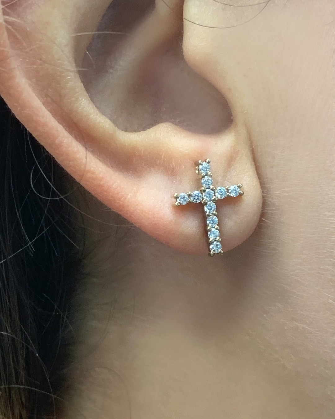 Genuine Diamond Cross Earrings, Religious Stud Earrings in 8K or 14K