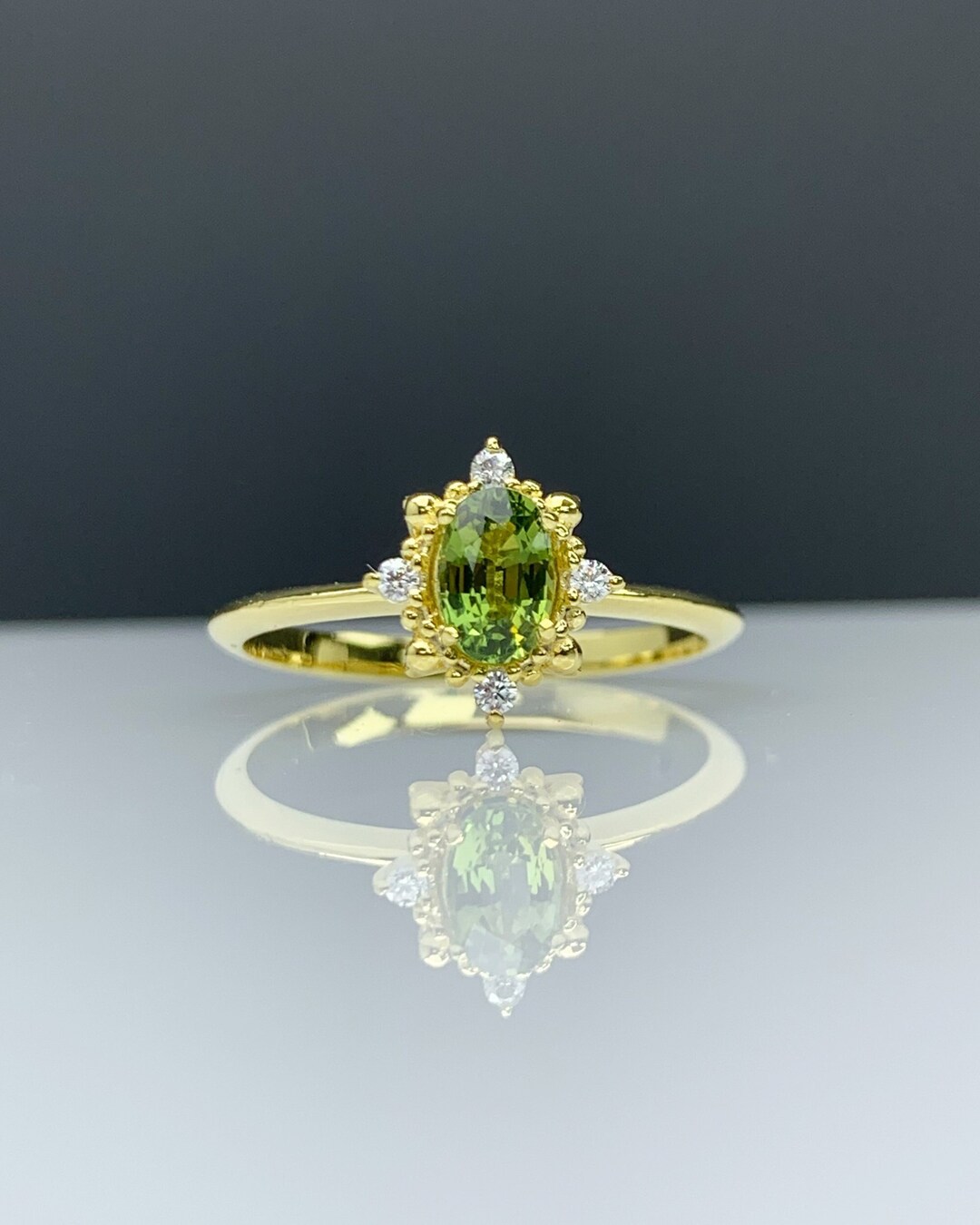 Sri Lanka Green Sapphire Flower Cluster Ring W Genuine Tiny Diamond or ...