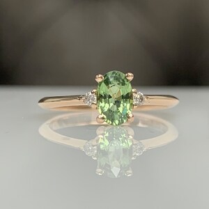 Certificated Sri Lanka Green Sapphire Dainty Ring W/ Diamond in Solid ...