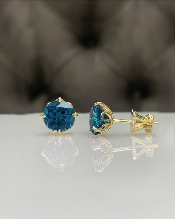 Stylish London Blue Topaz Earrings in 14K 8K Solid Gold or 925 Silver, 4 Prongs Solitaire Earrings, Floral Design Jewelry, Graduation Gift