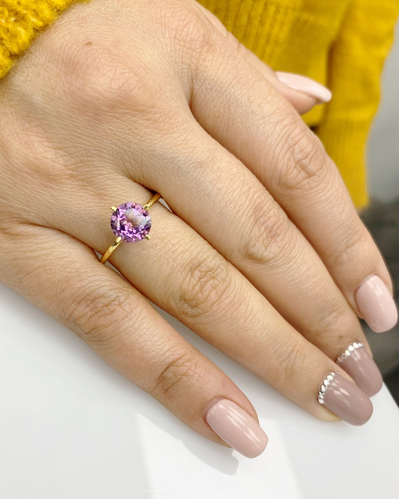 February Birthstone Round Cut in 14K Gold 8mm Amethyst Dainty Solitaire Ring Best Gift for Her Handmade Ring Genuine Purple Gemstone