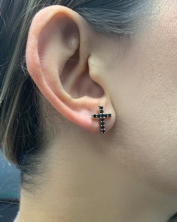 Genuine Black Diamond Cross Stud Earring, Single or Pair