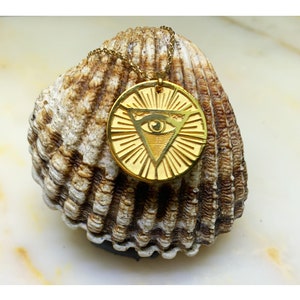 Eye of God Triangle Pendant, Dainty Third Eye Necklace, 14K 8K Real Gold Talisman Masonic Jewelry, Illuminati Symbol Gift Idea, Gift for Her image 3