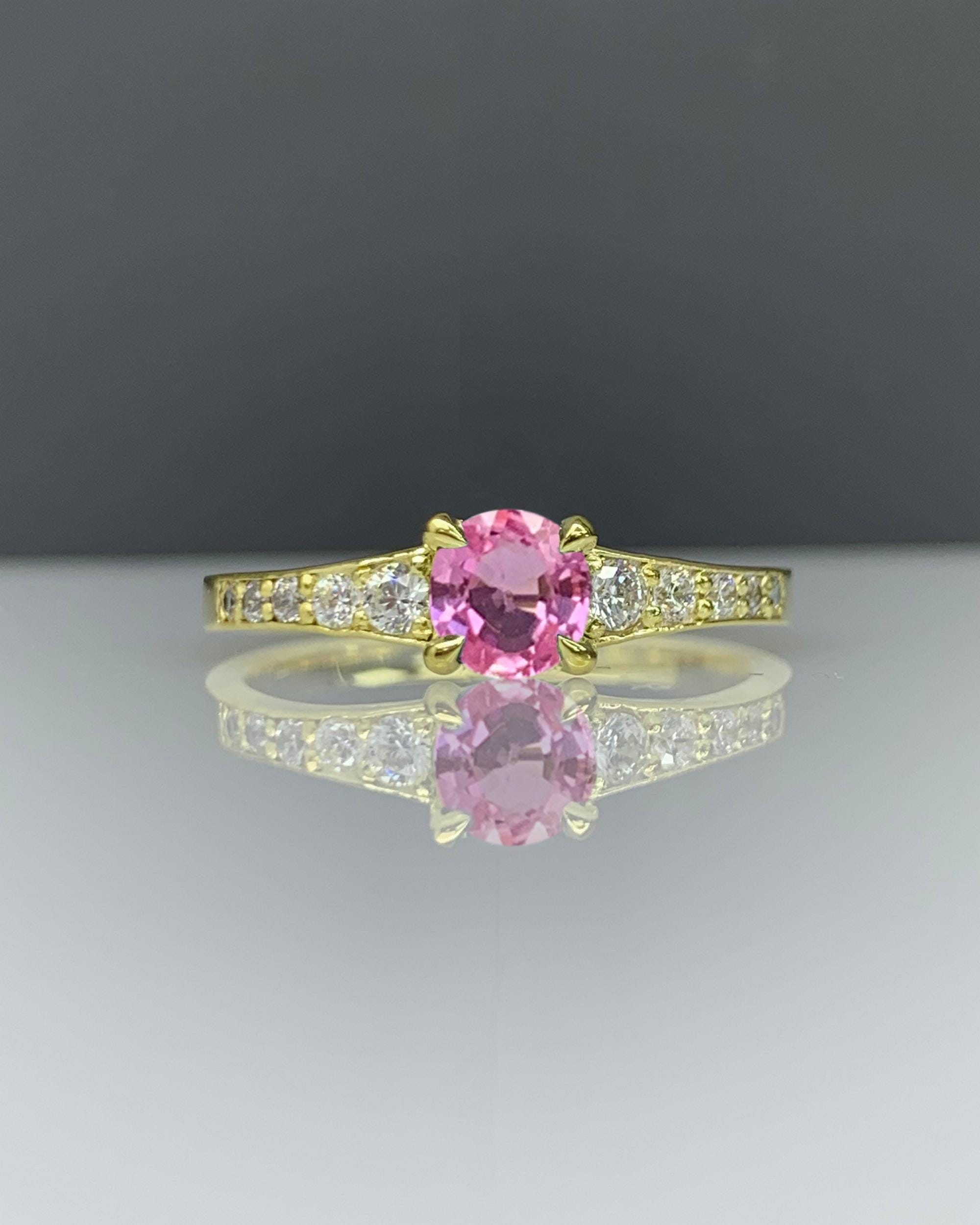 Tapered Gold Band Ring w/ Certified Pink Sapphire & Genuine Diamond / CZ, September Birthstone, Best Handmade Jewelry Gift Idea for Her 153