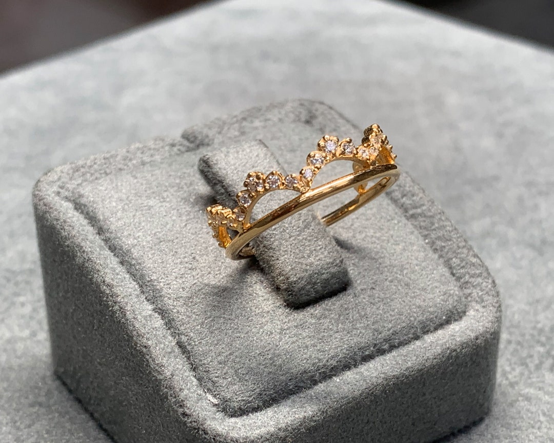 14K Solid Gold Diamond Crown Ring: Dainty Princess Band