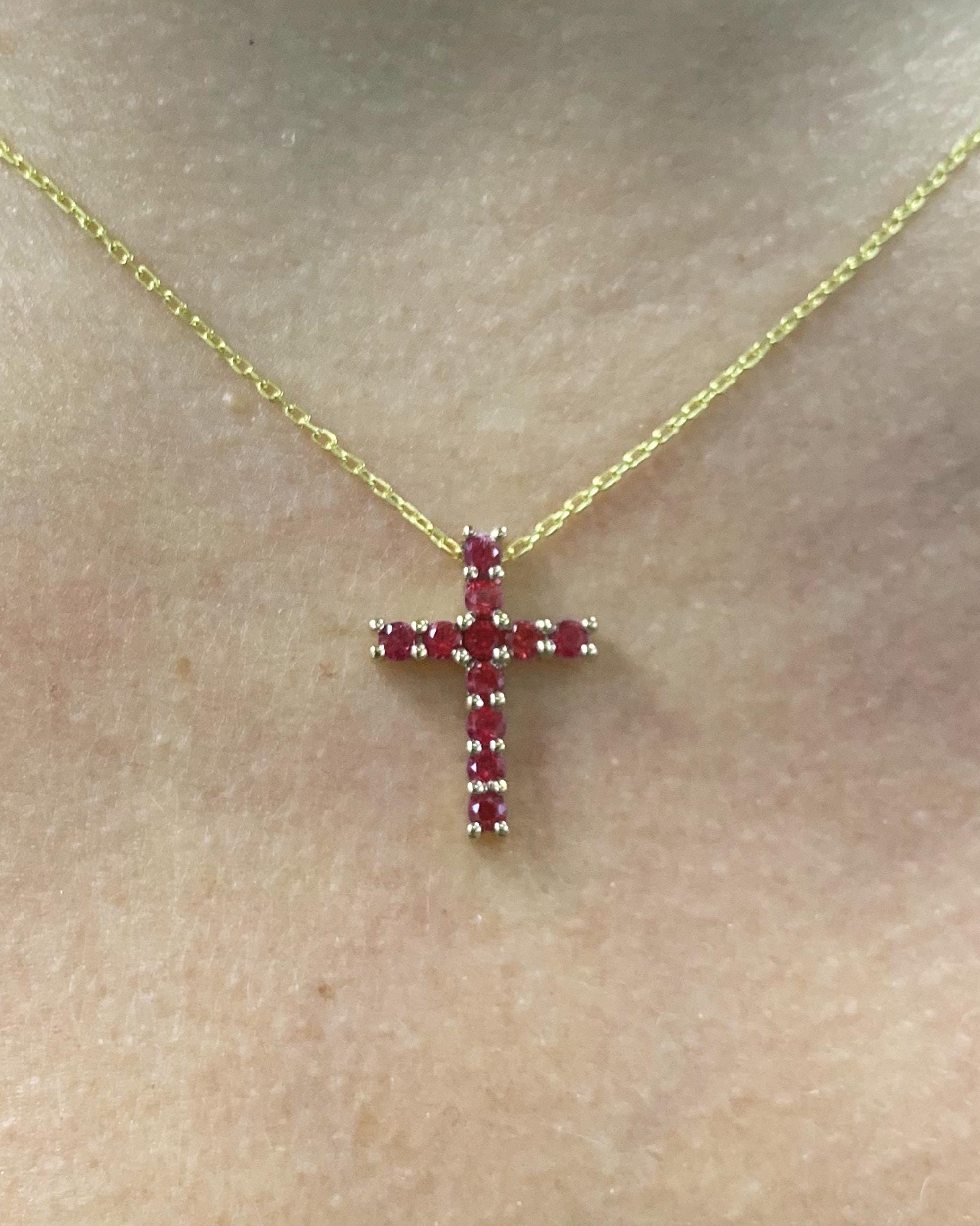 Red Ruby Cross Necklace in Solid Gold, Tiny Religious Silver