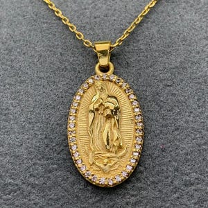 Virgin Mary Necklace with Halo Diamond, Miraculous Medal Medallion Charm, Solid Gold or Silver Pendant, Religious Women Jewelry, Best Gift