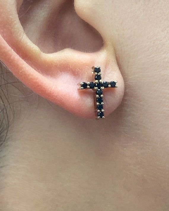 ★SENTIMENTS★ NO.474 [BLACK] KONT CROSS EARRING Genuine Black Diamond Cross Stud Earring, Single or Pair