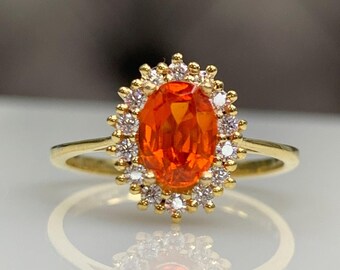 Vintage ring met oranje saffier, klassieke clusterring, halo-diamant of zirkonia, cadeau-idee voor beste vriend, 14 kt massief goud, echte steen 7 x 5