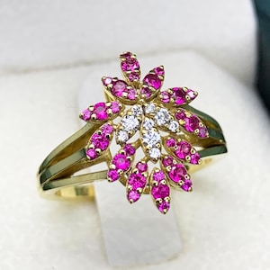 Snygg ring med rosa safir och diamant, cannabisbladsdesign i massivt guld eller silver, snygga smycken för kvinnor, bästa presentidén för henne