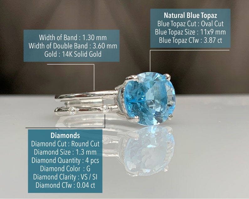 May include: A silver ring with a large oval-shaped blue topaz gemstone and four small round diamonds. The ring band is double-banded. Width of band: 1.30 mm. Width of double band: 3.60 mm. Gold: 14K Solid Gold. Blue Topaz Cut: Oval Cut. Blue Topaz Size: 11x9 mm. Blue Topaz CTw: 3.87 ct. Diamond Cut: Round Cut. Diamond Size: 1.3 mm. Diamond Quantity: 4 pcs. Diamond Color: G. Diamond Clarity: VS/SI. Diamond CTw: 0.04 ct.