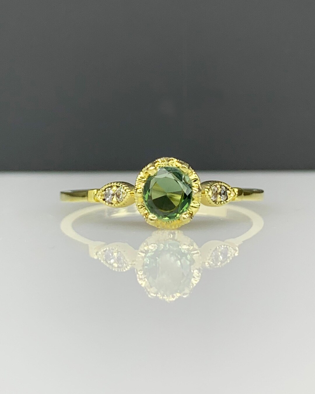 Art Deco Green Sapphire Engagement Ring W/ Tiny Diamonds, Baroque Style ...