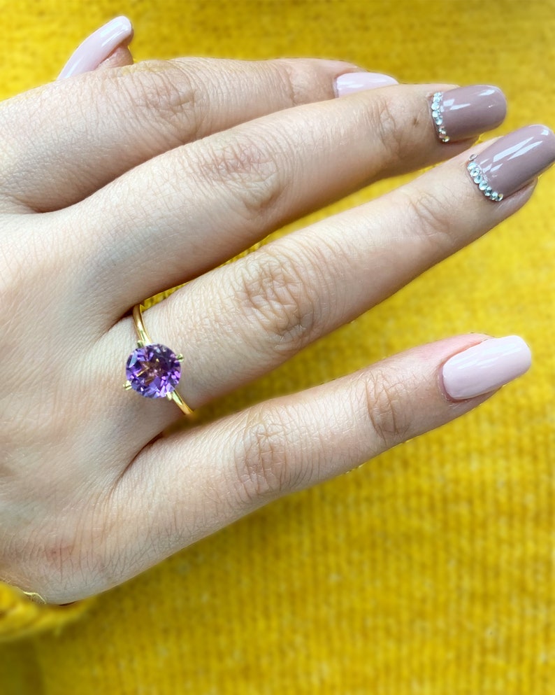 February Birthstone Round Cut in 14K Gold 8mm Amethyst Dainty Solitaire Ring Best Gift for Her Handmade Ring Genuine Purple Gemstone