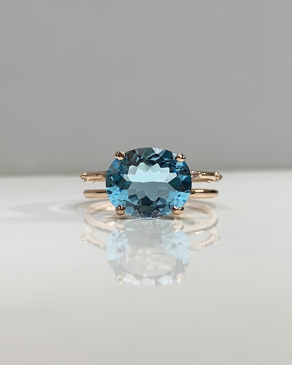Double Band Sky Blue Topaz Stylish Ring, Diamond/ CZ Band in 8K or 14K Solid Gold, December Birthstone, Genuine Gemstone, Best Birthday Gift