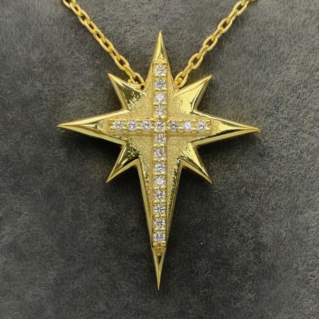 Diamond North Star Cross Necklace: Solid Gold Celestial Pendant
