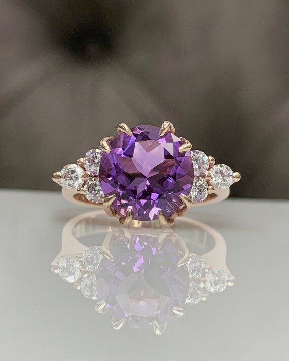 thumbnail image 2 of Luckyshine Natural Amethyst Ring – Rose Gold Plated – Round Cut CZ Accent – Sizes 6-10 2 of 4