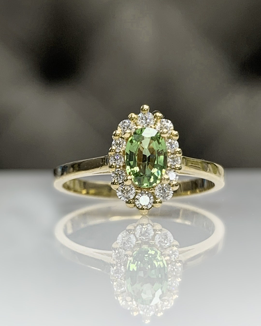 Dainty Sri Lanka Green Sapphire Ring W/ Flower Diamond Cluster ...