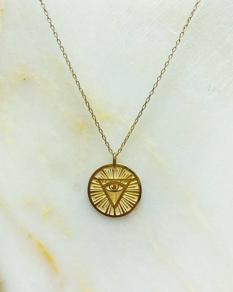 Eye of God Triangle Pendant, Dainty Third Eye Necklace, 14K 8K Real Gold Talisman Masonic Jewelry, Illuminati Symbol Gift Idea, Gift for Her image 1