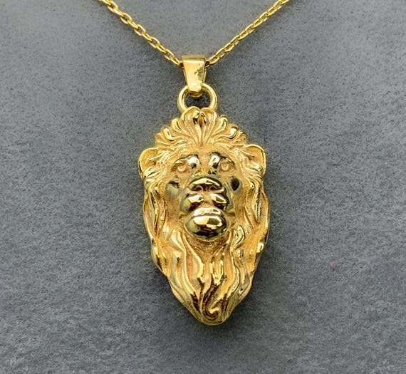 Lion Head Necklace, 3D Symbolic Animal Charm Pendant, Solid Gold
