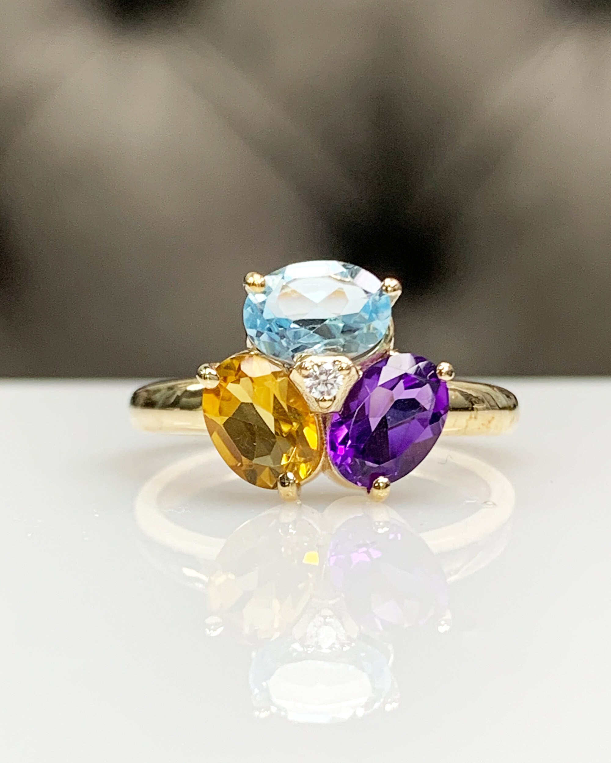 Three Gemstone Ring in 14K 8K Solid Gold, Delicate Daily Three Gemstone Ring in 14K 8K Solid Gold, Delicate Daily