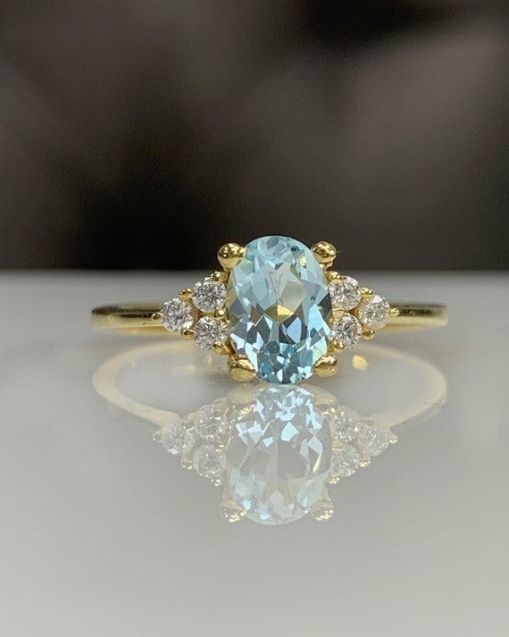 クラシックアクアマリンダイヤモンド華奢エンゲージリング、8K 14K