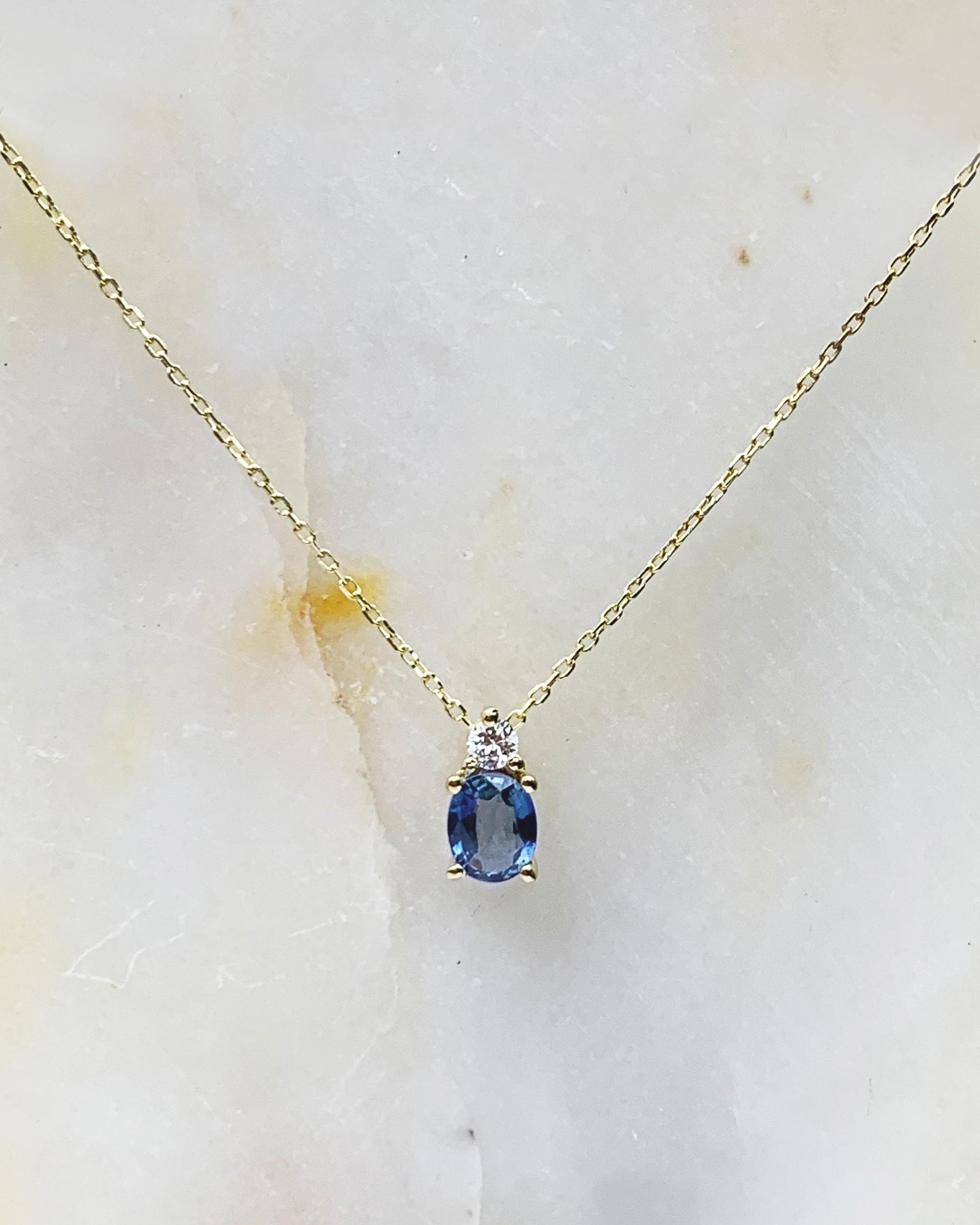 Dainty Ceylon Sapphire Necklace w/ Diamond, Genuine Certified Gemstone, Solid Gold Women Jewelry, Best Silver Gift for Valentine's Day