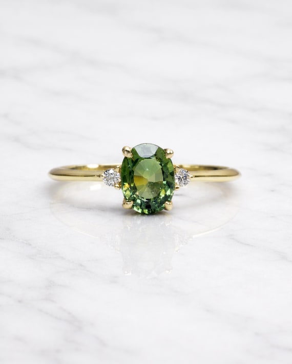Green Sapphire Engagement Ring with Diamonds, 8K 14K Solid Gold, Classic Cluster, September Birthstone, Proposal or Anniversary Gift for Her