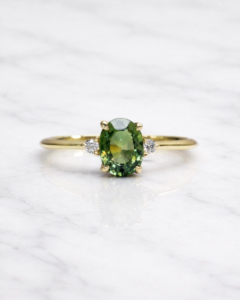 Green Sapphire Engagement Ring with Diamonds in Solid Gold or Silver, Dainty Proposal Ring, September Birthstone, Anniversary Gift for Her image 1
