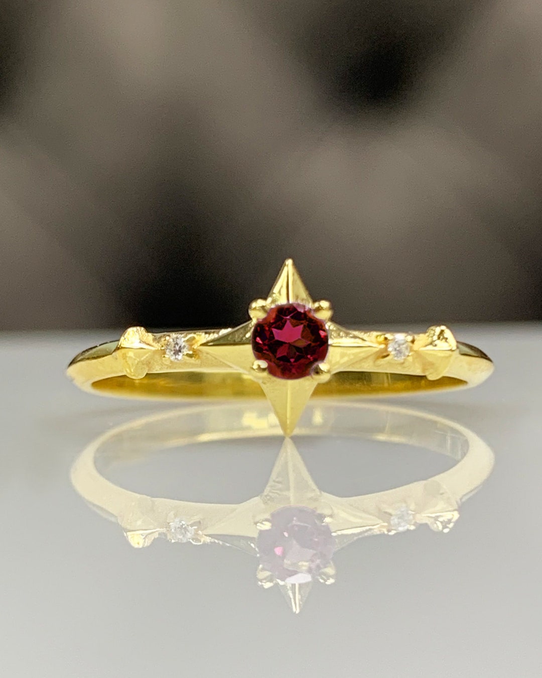 14K Solid Gold Ruby North Star Ring, Genuine Gemstone, July Birthstone ...