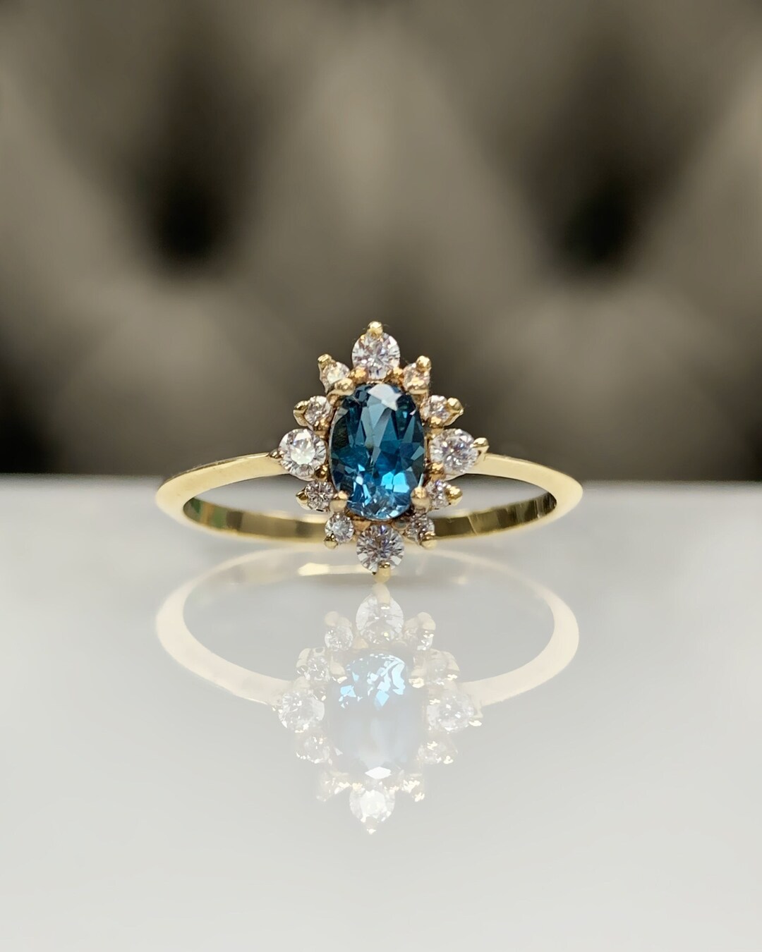 Topaz Classic Rings 14K London Blue Topaz Classic Ring W Natural Diamonds CZ, Genuine ...