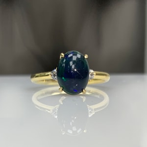 Unique Black Opal & Diamond Dainty Classic Engagement Ring in 8K or 14K Solid Gold, Genuine Certificated October Gemstone, Best Gift Idea