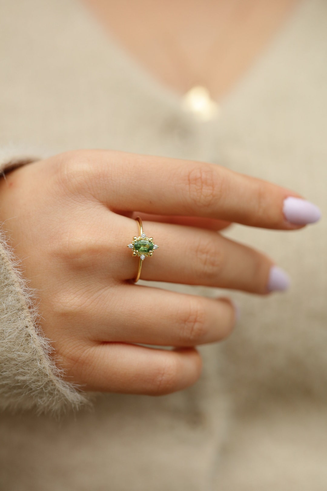 Sri Lanka Green Sapphire Flower Cluster Ring W Genuine Tiny Diamond or ...