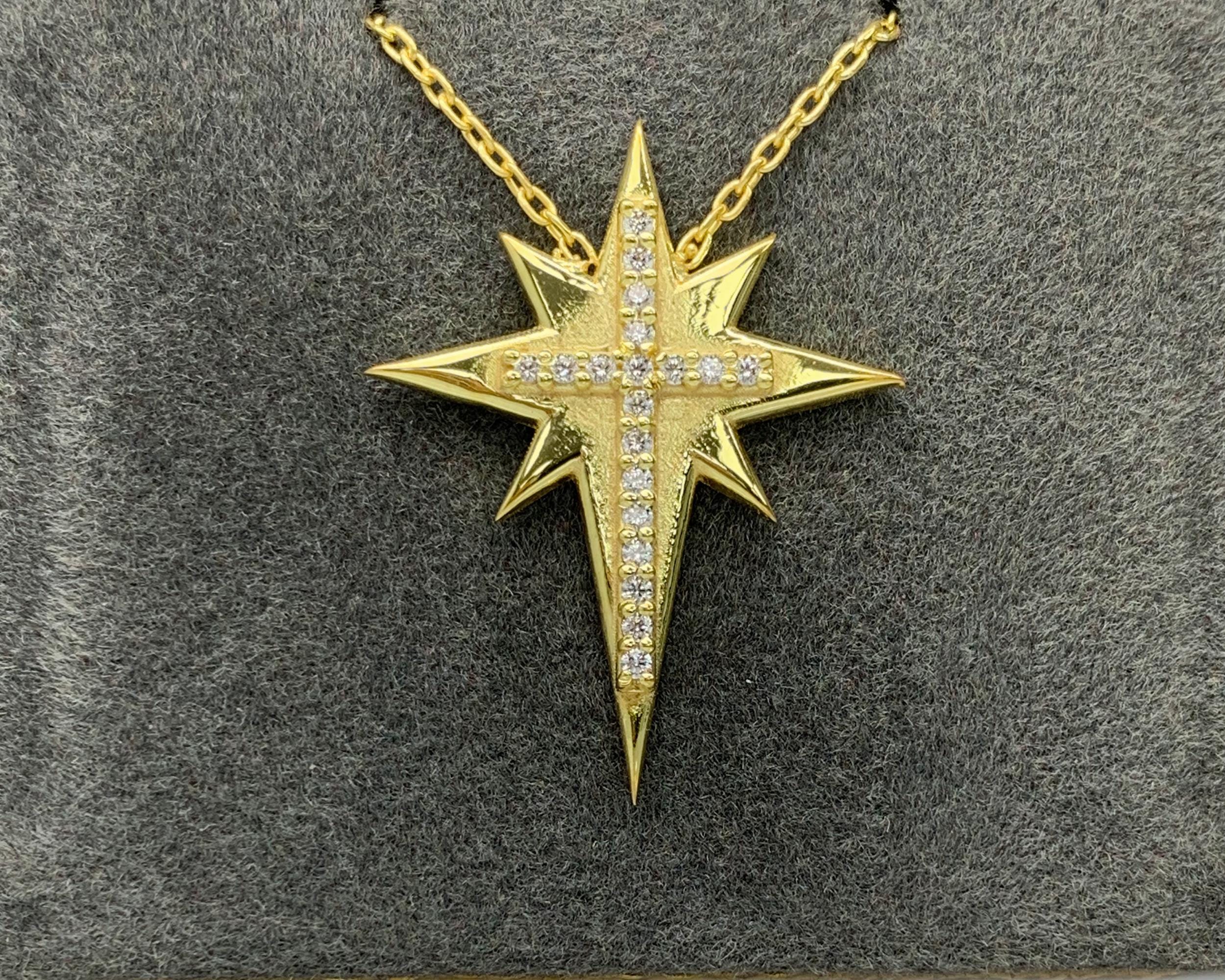 Diamond North Star Cross Necklace: Solid Gold Celestial Pendant