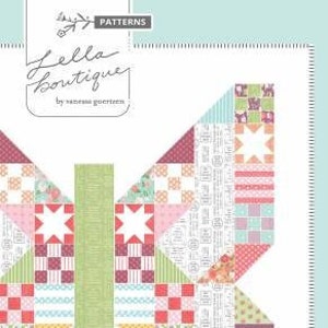 May include: A patchwork butterfly quilt pattern in pastel colours. The wings are made up of triangles, squares, and other shapes in pink, green, yellow, and blue. The text "Butterfly Patch" is visible.